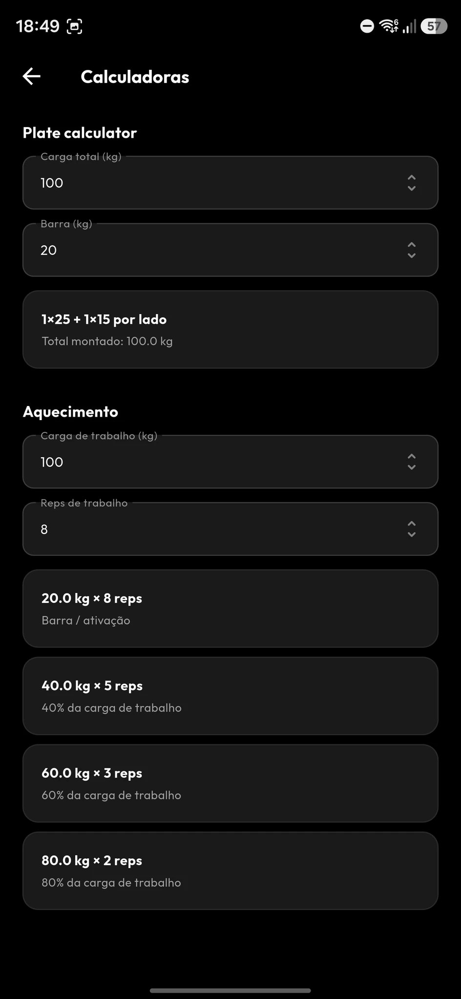Calculadora de anilhas e pirâmide de aquecimento progressivo